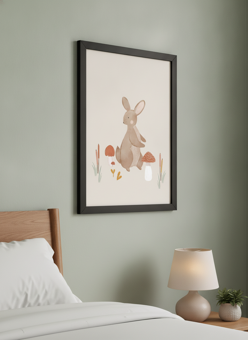 Minimalist artwork displayed in a calm, light-filled bedroom interior