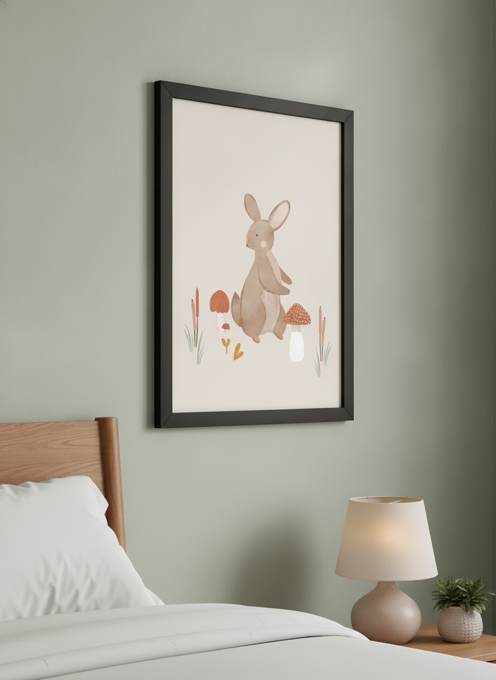 Minimalist artwork displayed in a calm, light-filled bedroom interior