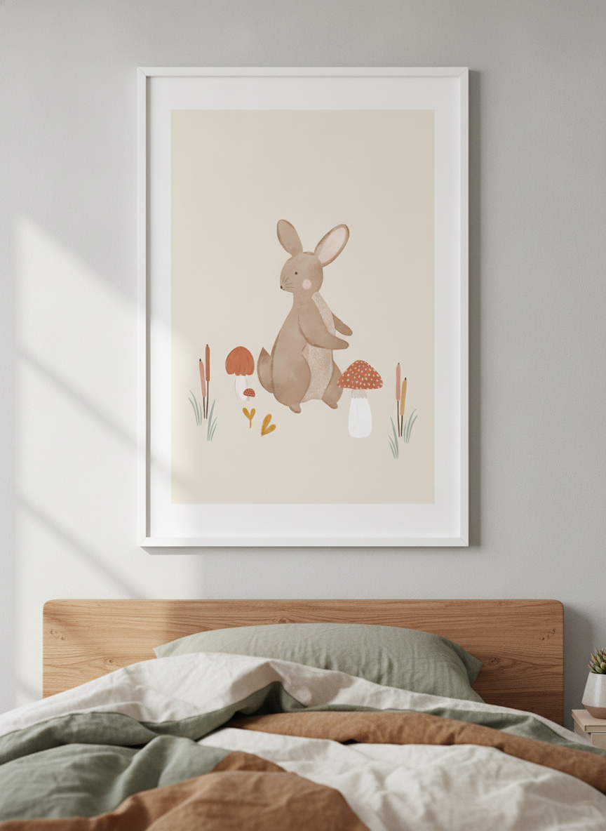 Minimalist artwork displayed in a calm, light-filled bedroom interior