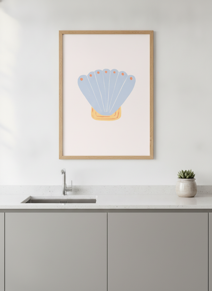 Artwork styled on the wall of a bright modern kitchen
