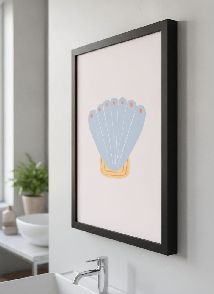 Modern print displayed in a clean minimalist bathroom setting