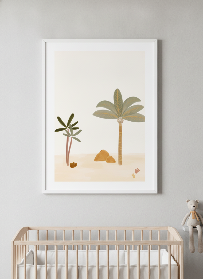 Soft neutral wall art styled in a serene nursery with pastel tones