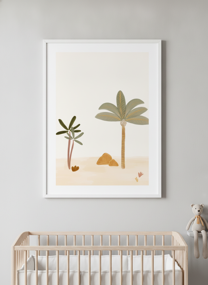 Soft neutral wall art styled in a serene nursery with pastel tones