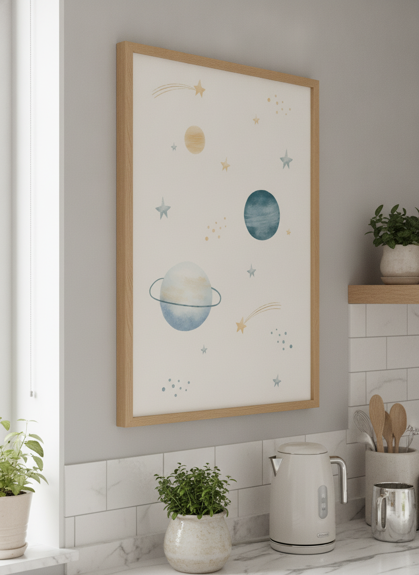 Artwork styled on the wall of a bright modern kitchen