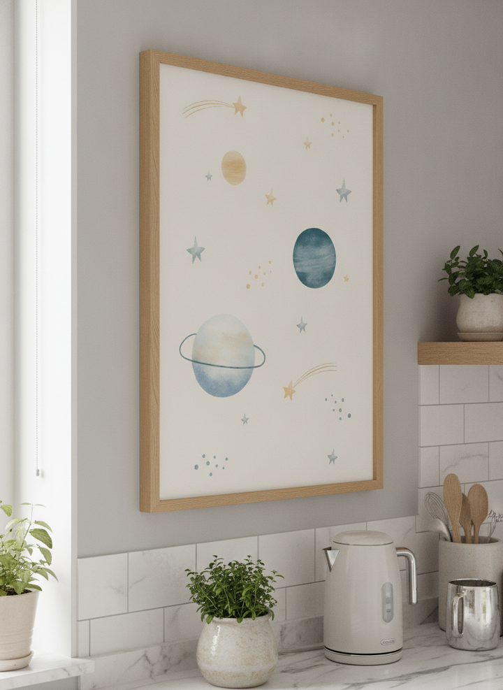 Artwork styled on the wall of a bright modern kitchen