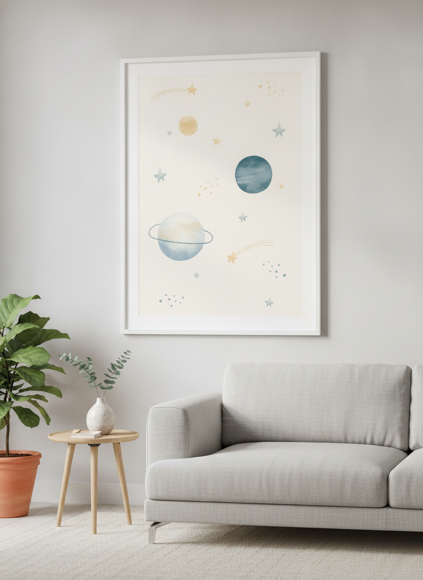 Modern wall art styled above a sofa in a neutral living room