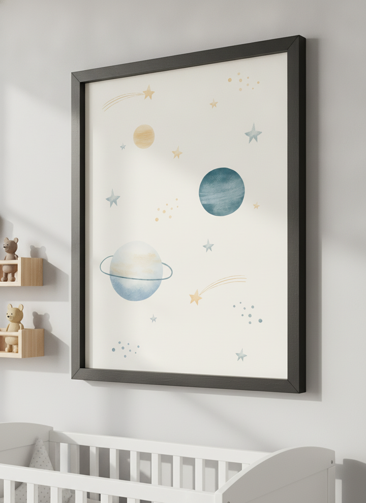 Soft neutral wall art styled in a serene nursery with pastel tones