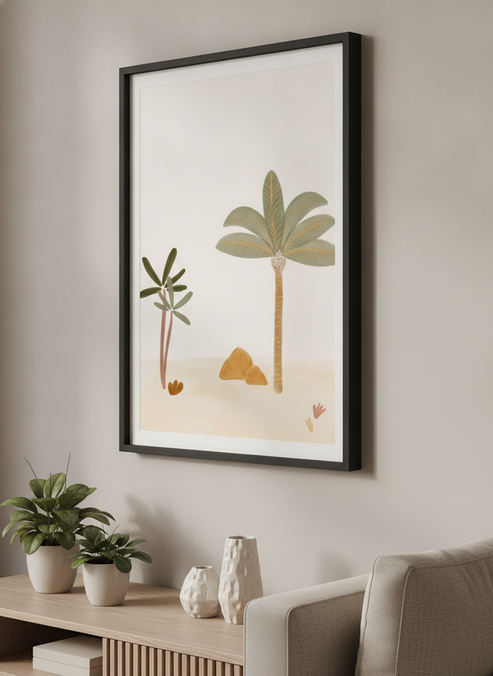 Modern wall art styled above a sofa in a neutral living room