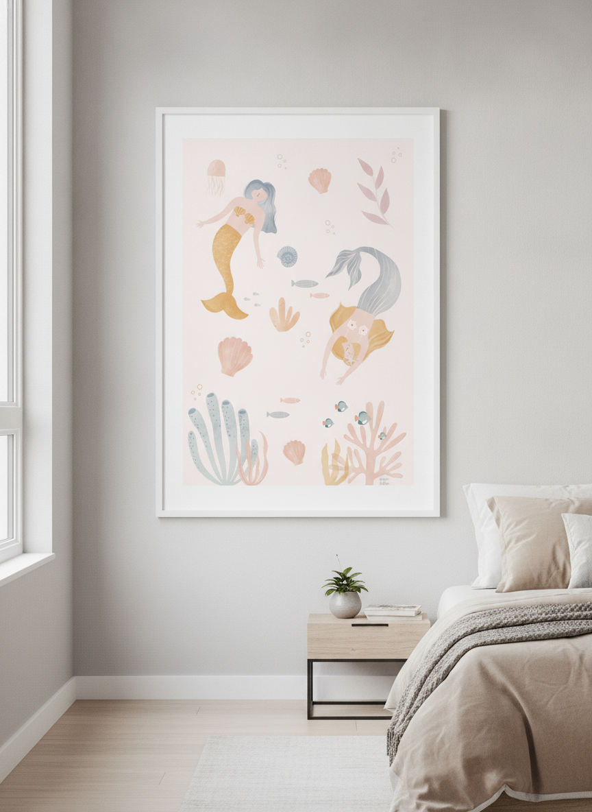Minimalist artwork displayed in a calm, light-filled bedroom interior