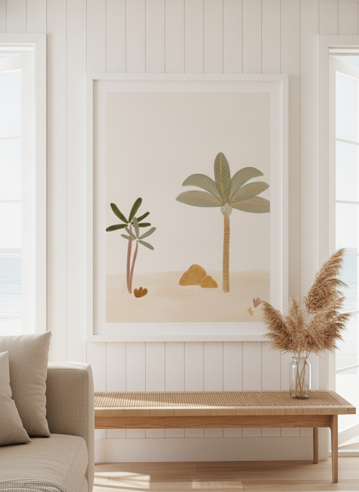 Neutral wall art displayed in a sunny coastal beach house