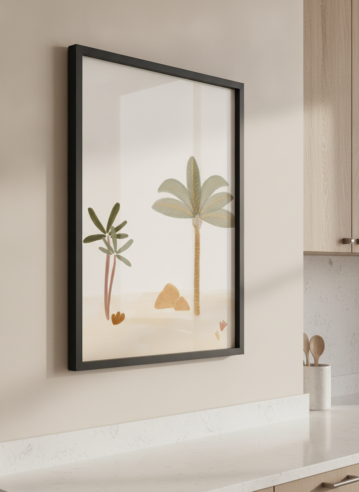 Artwork styled on the wall of a bright modern kitchen