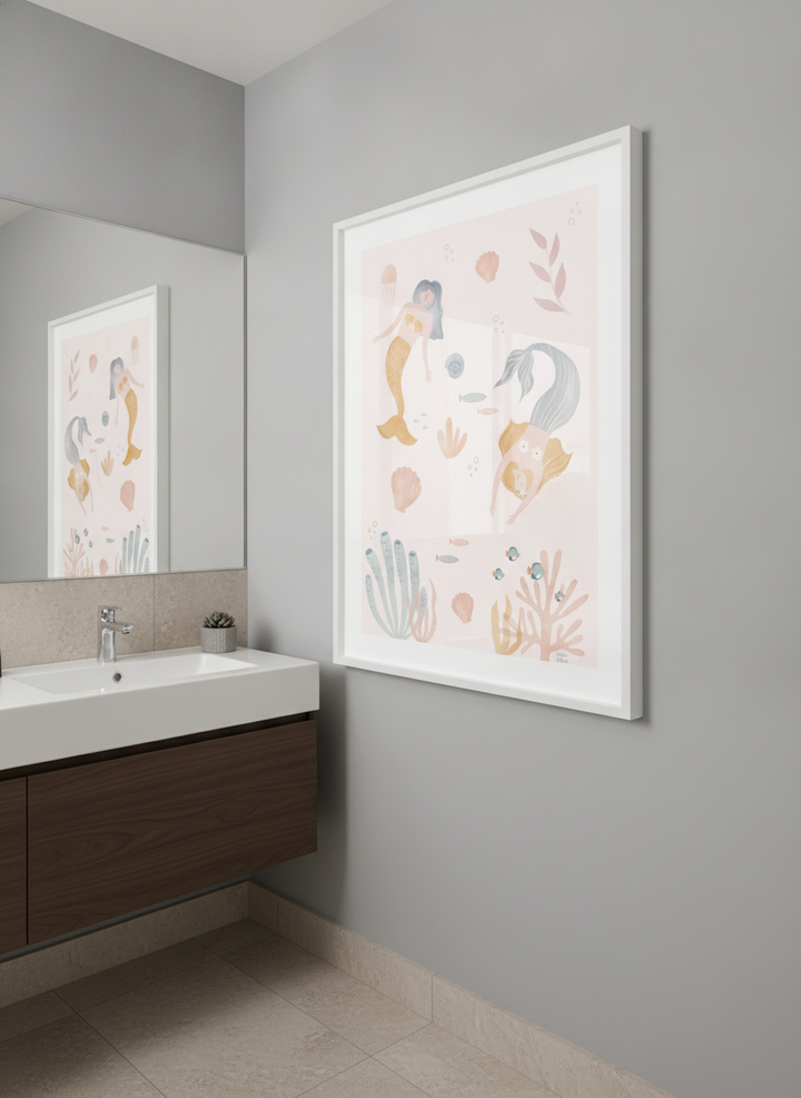 Modern print displayed in a clean minimalist bathroom setting