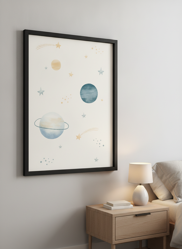 Minimalist artwork displayed in a calm, light-filled bedroom interior
