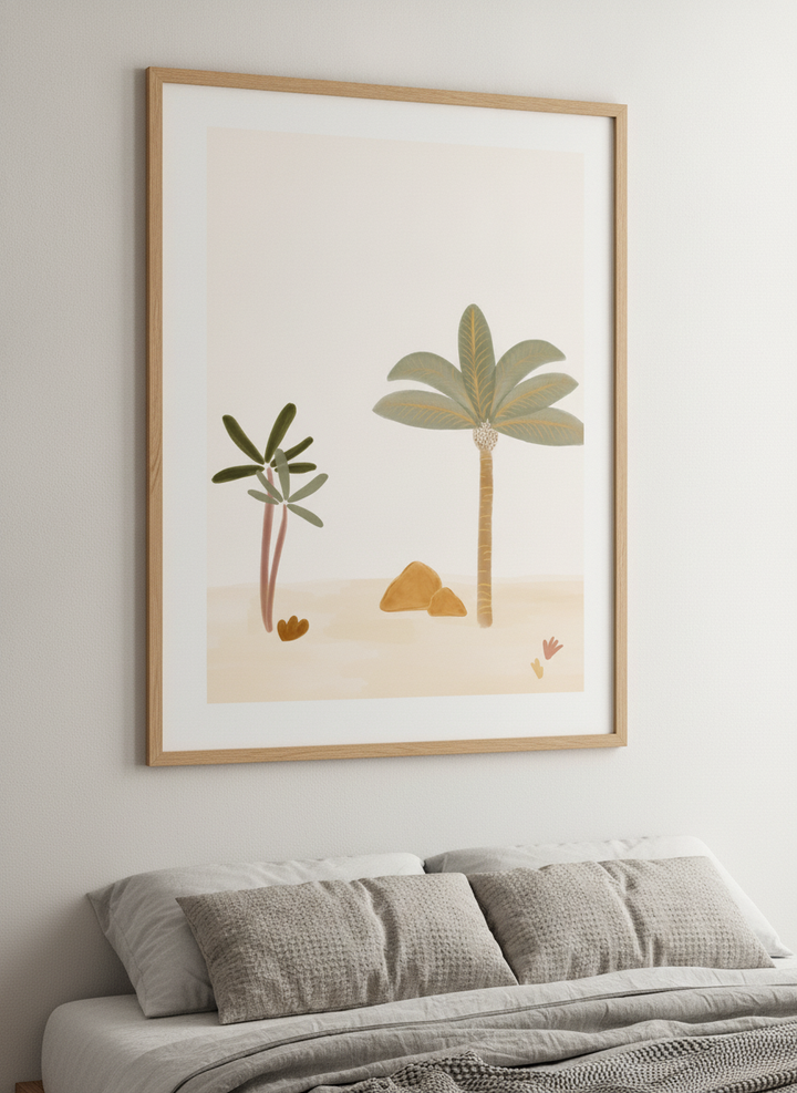 Minimalist artwork displayed in a calm, light-filled bedroom interior
