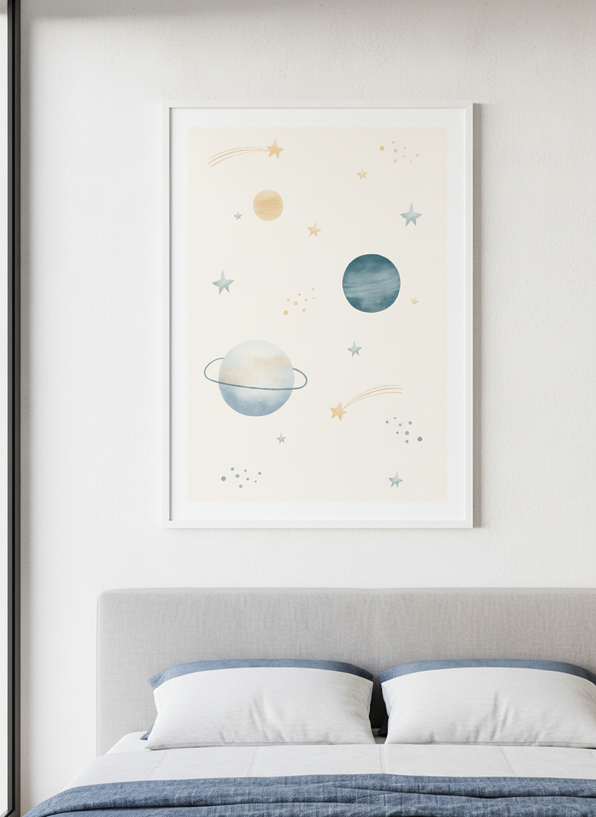 Minimalist artwork displayed in a calm, light-filled bedroom interior
