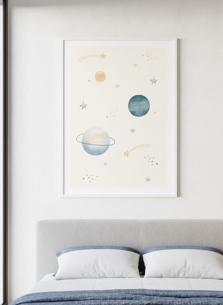 Minimalist artwork displayed in a calm, light-filled bedroom interior