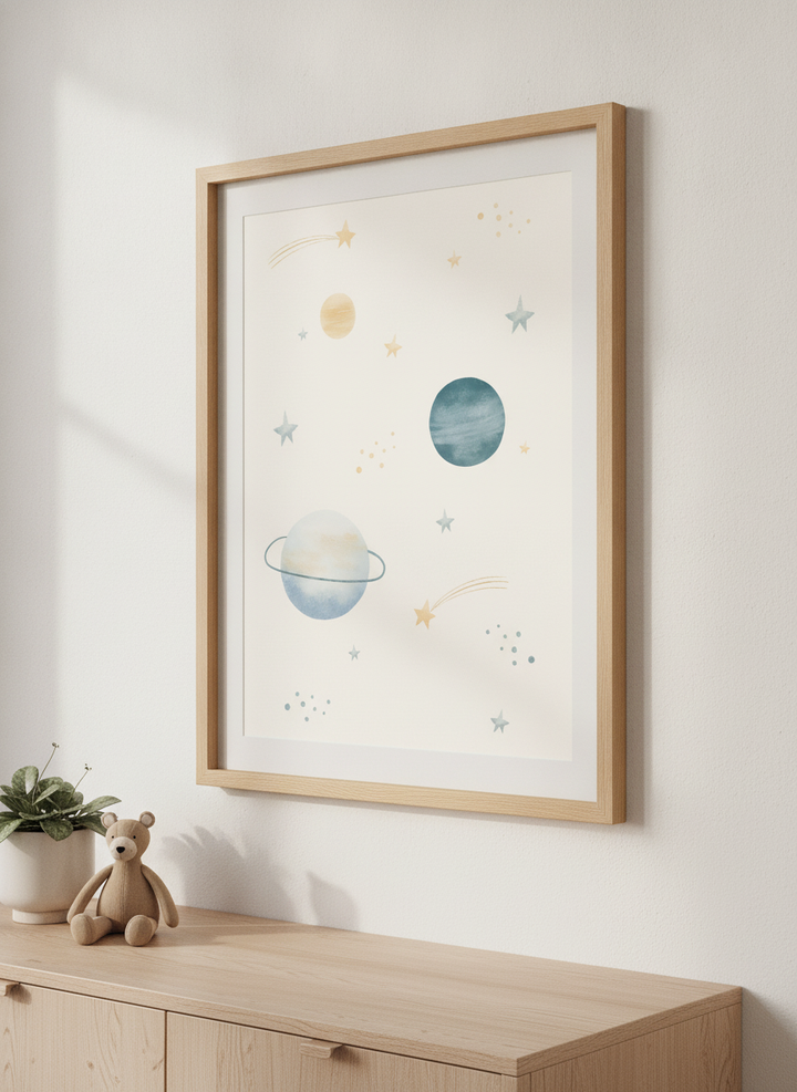 Soft neutral wall art styled in a serene nursery with pastel tones