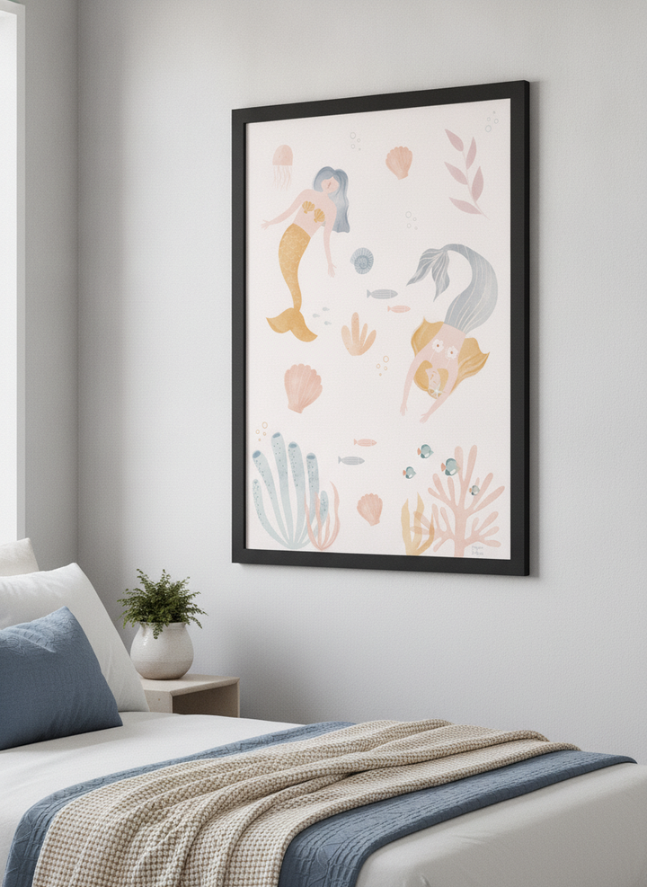 Minimalist artwork displayed in a calm, light-filled bedroom interior