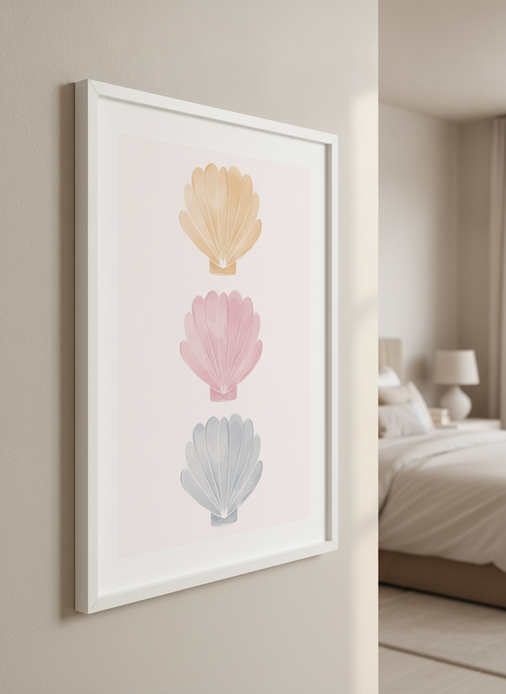 Minimalist artwork displayed in a calm, light-filled bedroom interior
