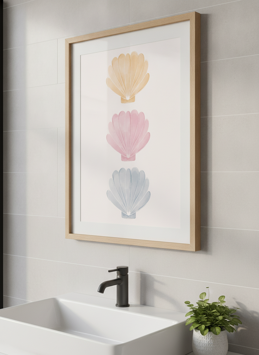 Modern print displayed in a clean minimalist bathroom setting