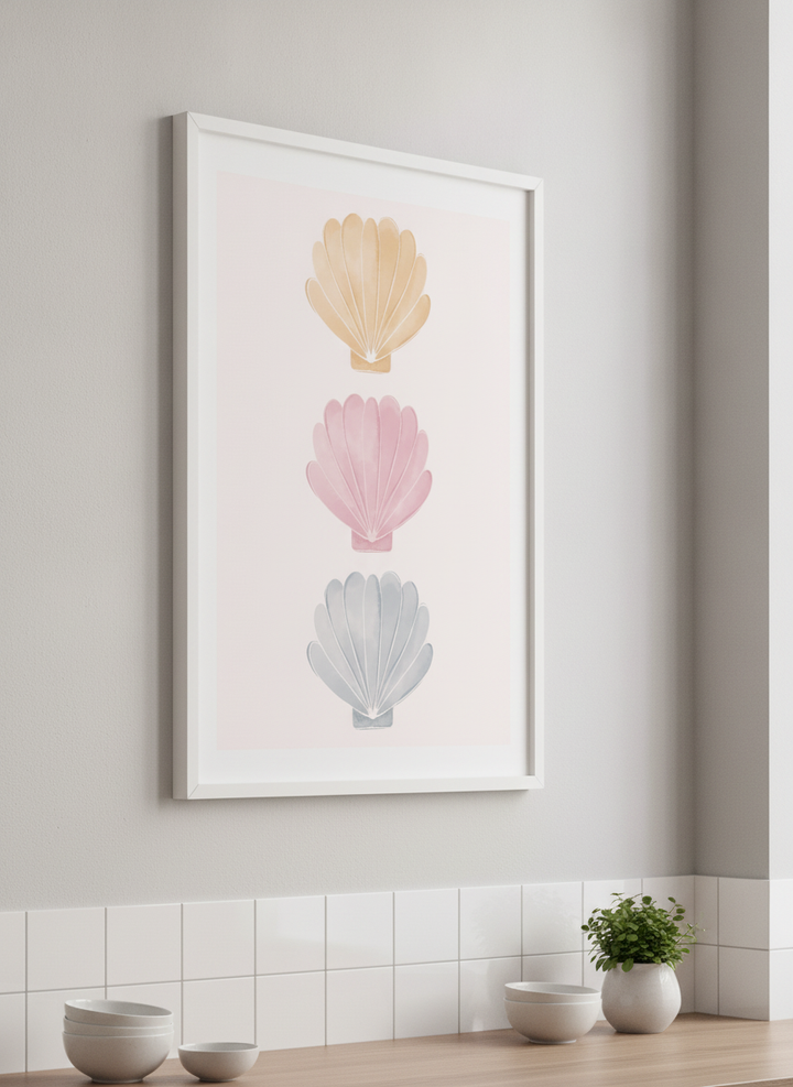 Artwork styled on the wall of a bright modern kitchen