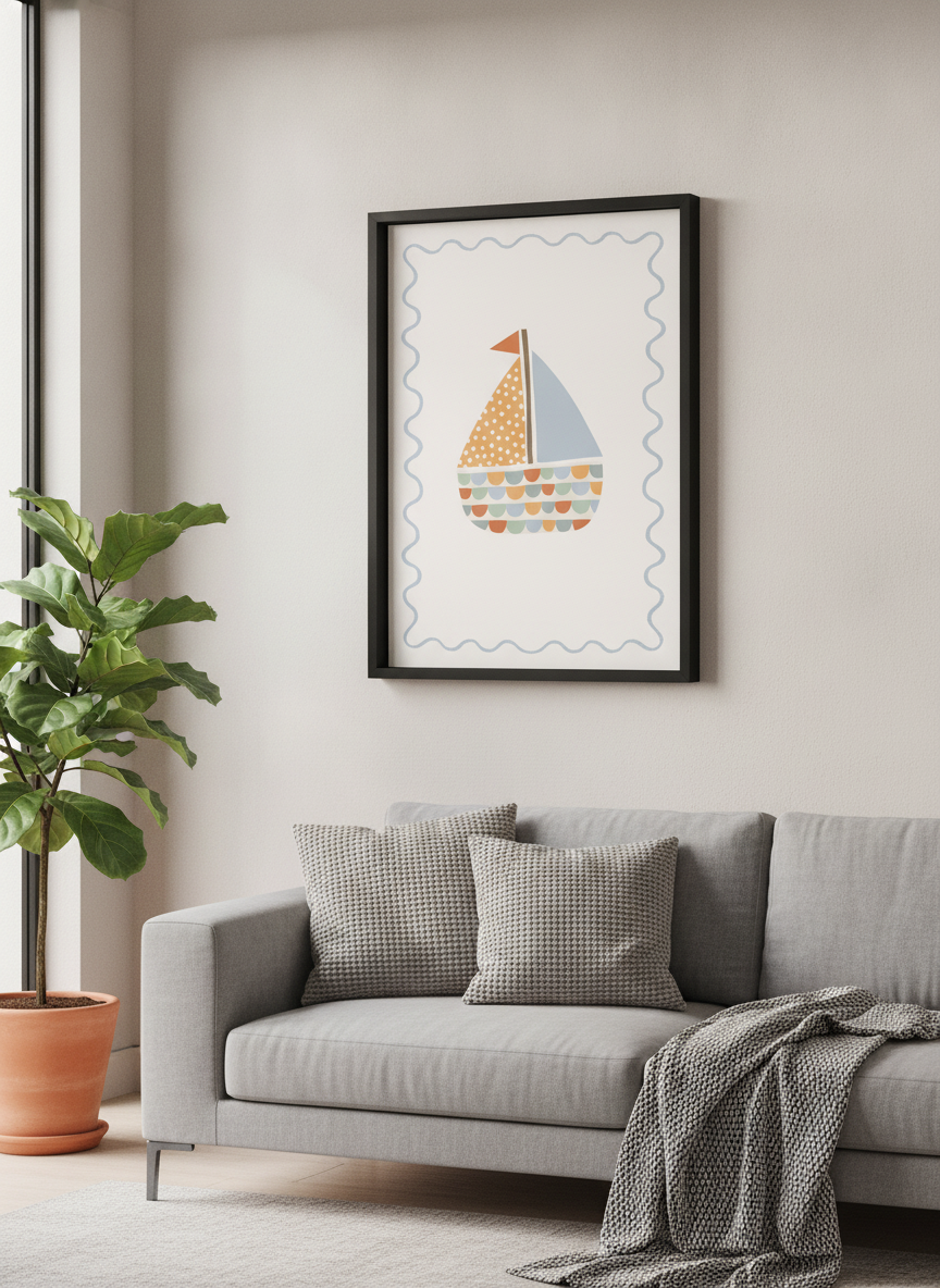 Modern wall art styled above a sofa in a neutral living room