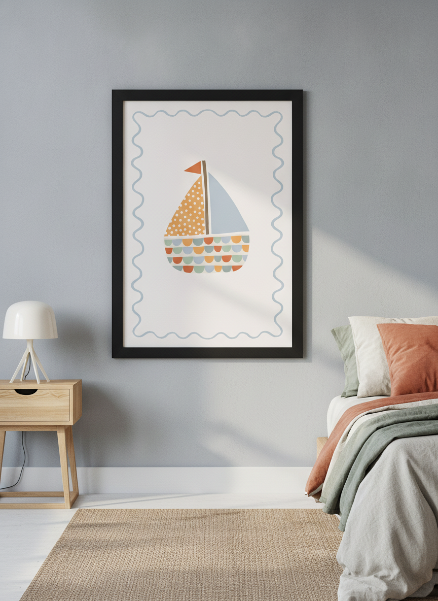 Minimalist artwork displayed in a calm, light-filled bedroom interior