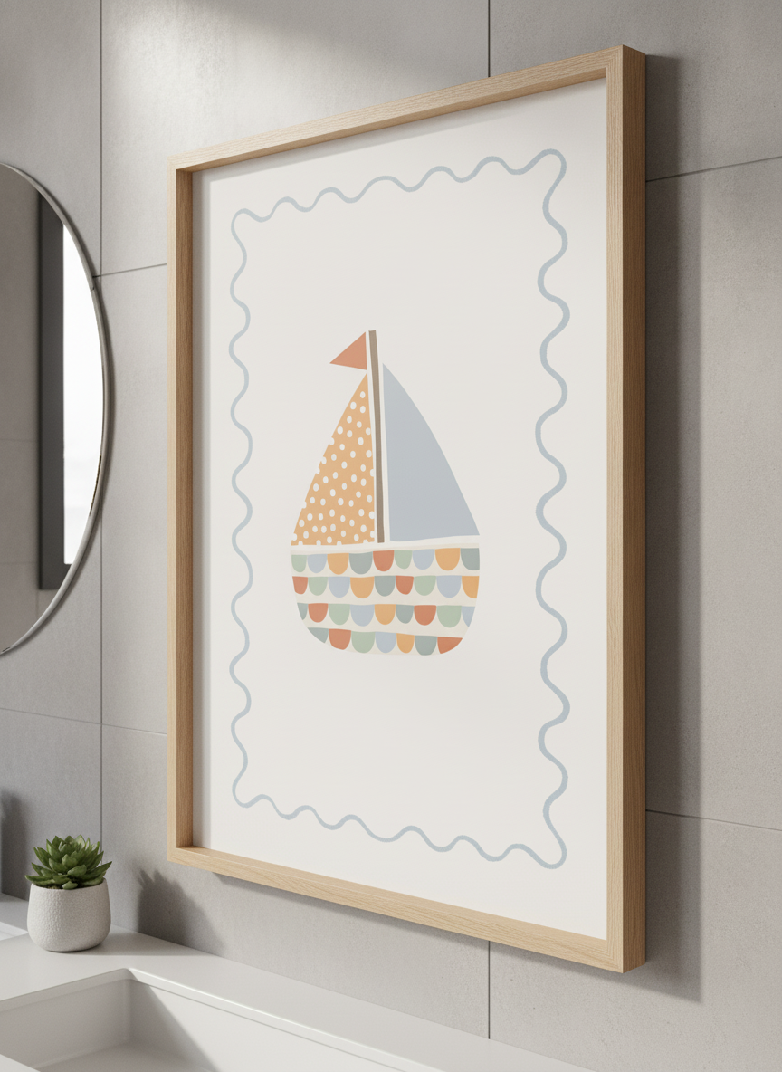 Modern print displayed in a clean minimalist bathroom setting