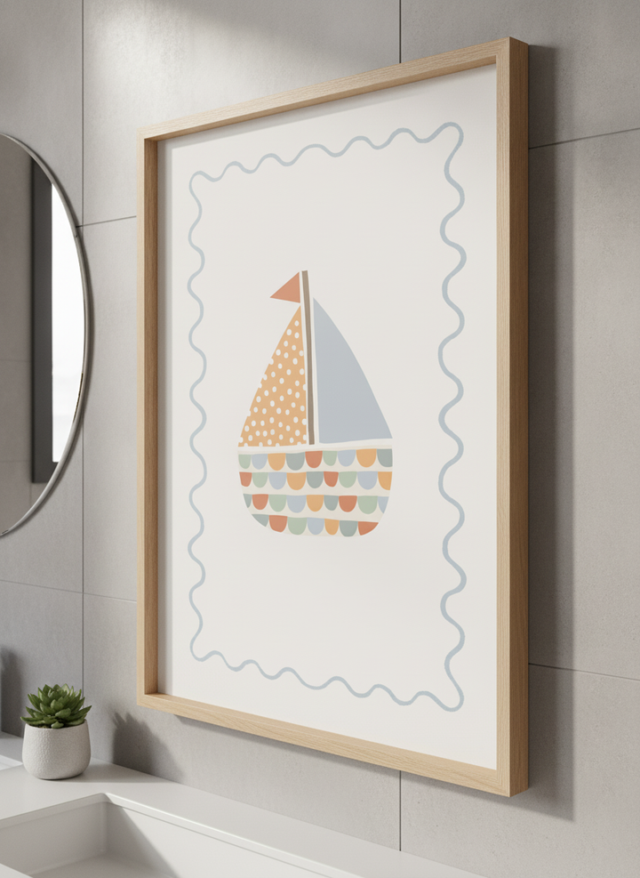 Modern print displayed in a clean minimalist bathroom setting