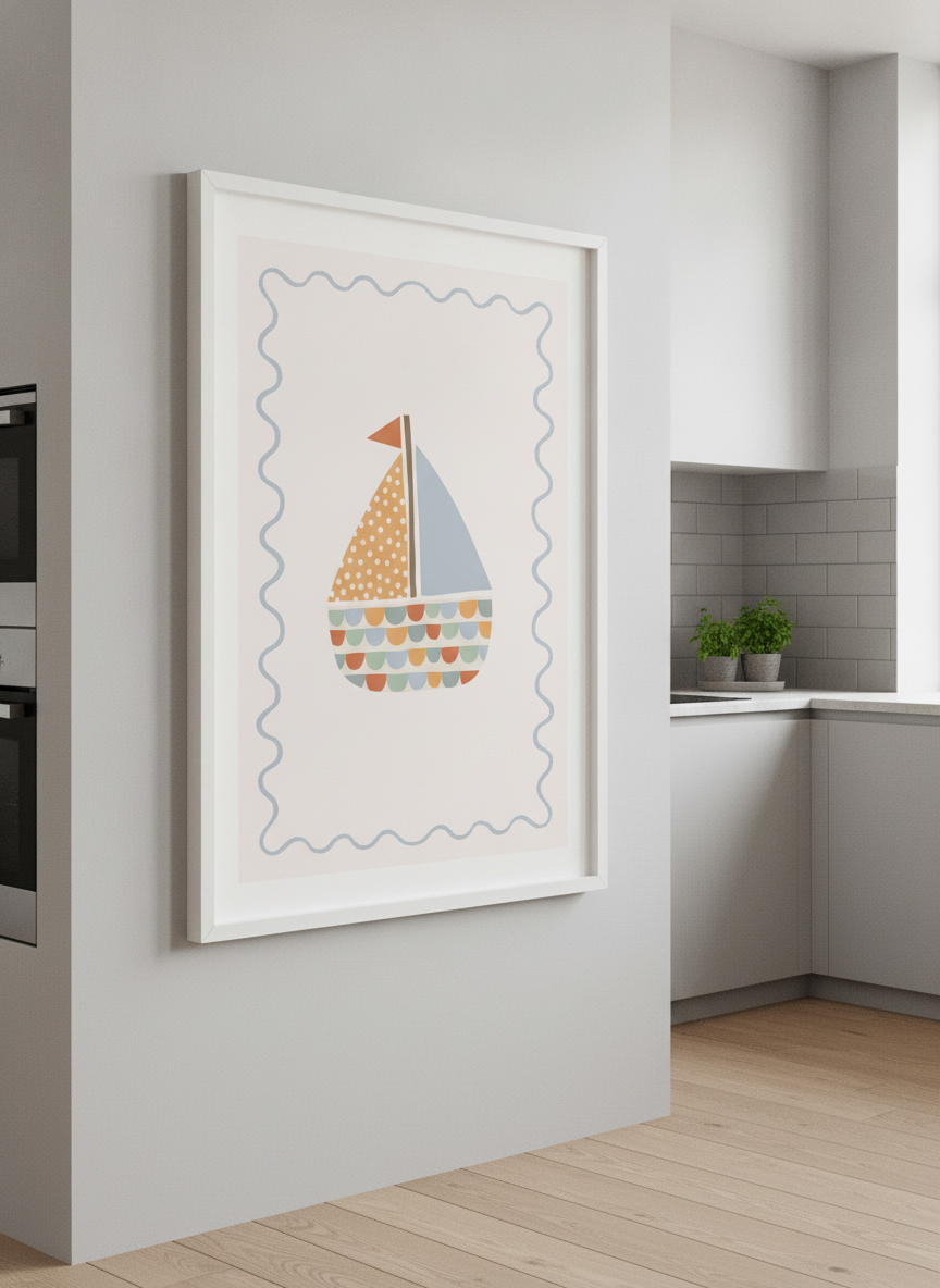 Artwork styled on the wall of a bright modern kitchen