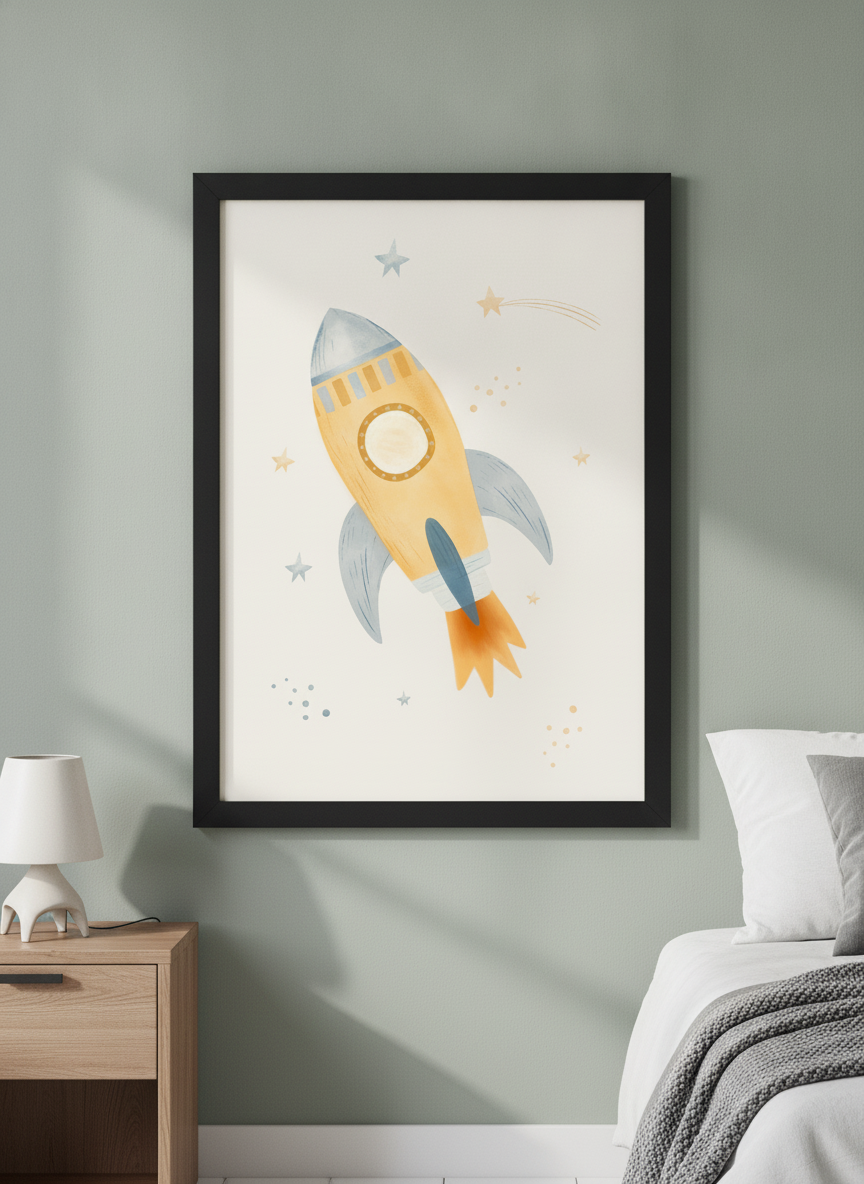 Minimalist artwork displayed in a calm, light-filled bedroom interior
