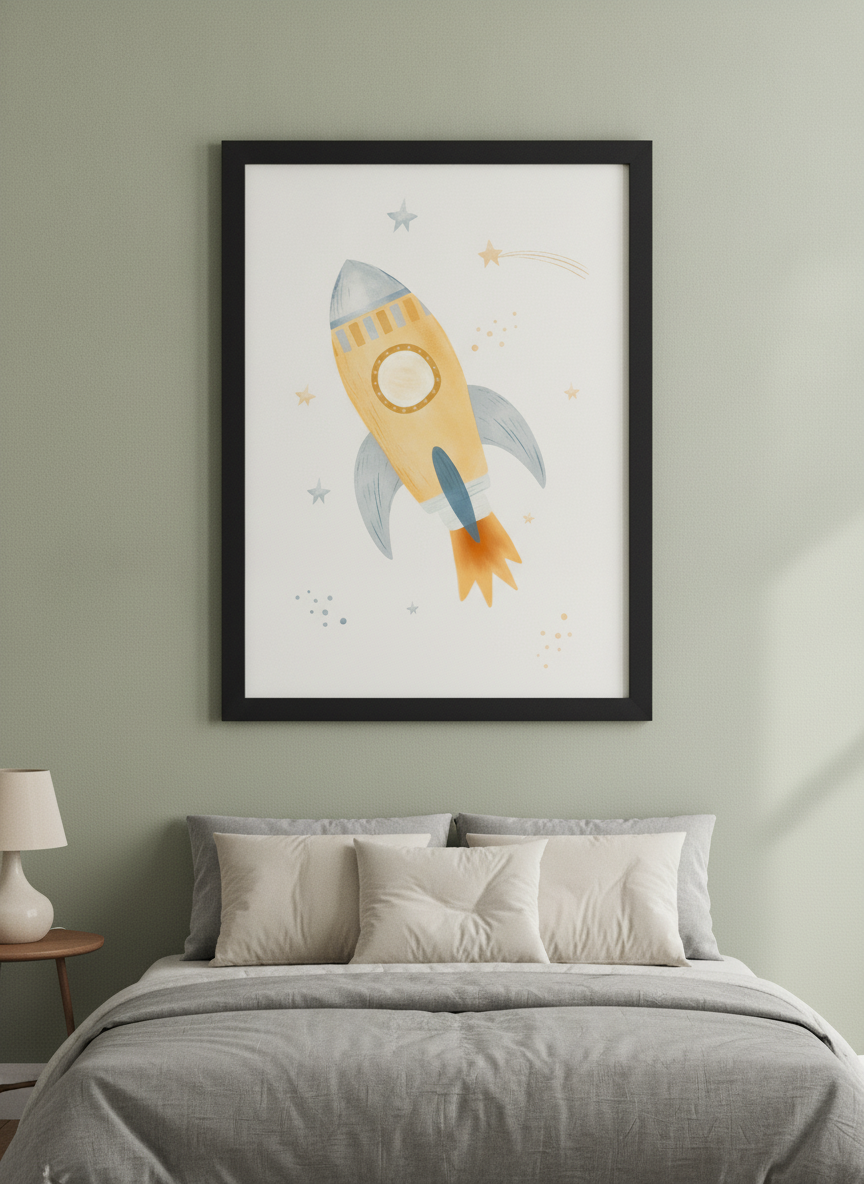 Minimalist artwork displayed in a calm, light-filled bedroom interior