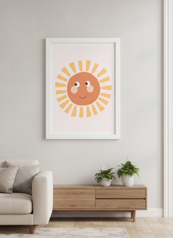 Modern wall art styled above a sofa in a neutral living room