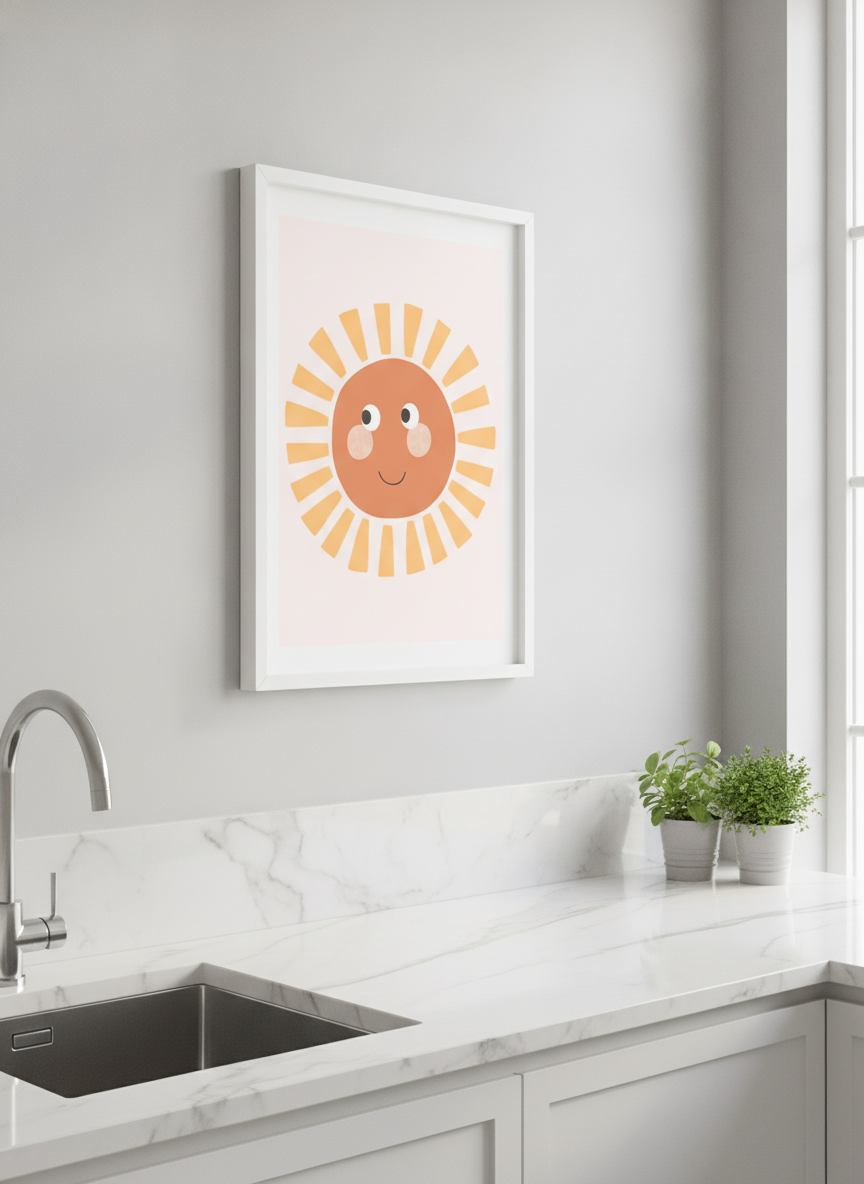 Artwork styled on the wall of a bright modern kitchen