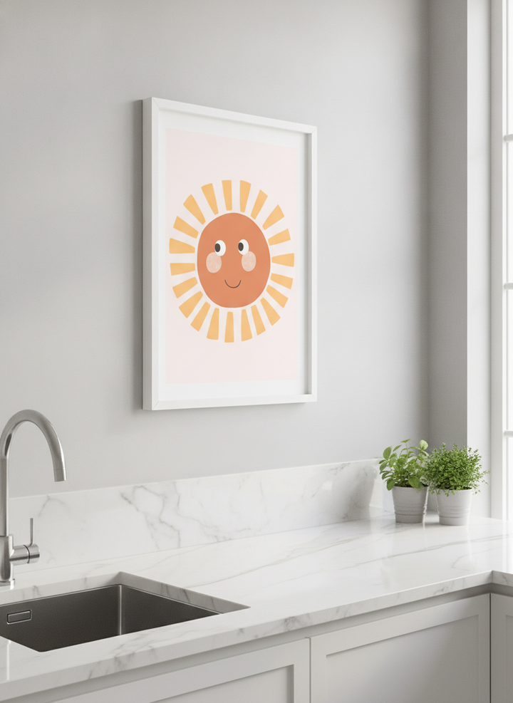 Artwork styled on the wall of a bright modern kitchen