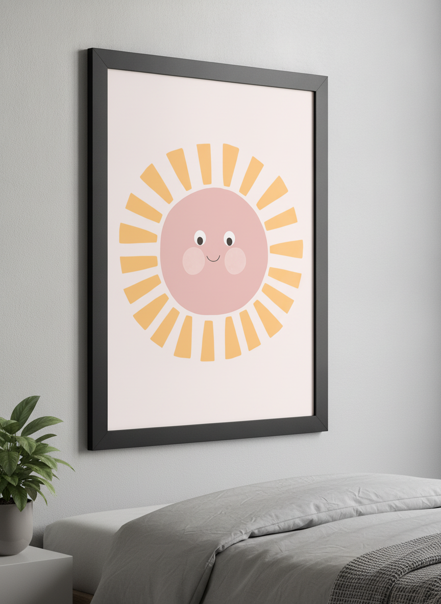 Minimalist artwork displayed in a calm, light-filled bedroom interior