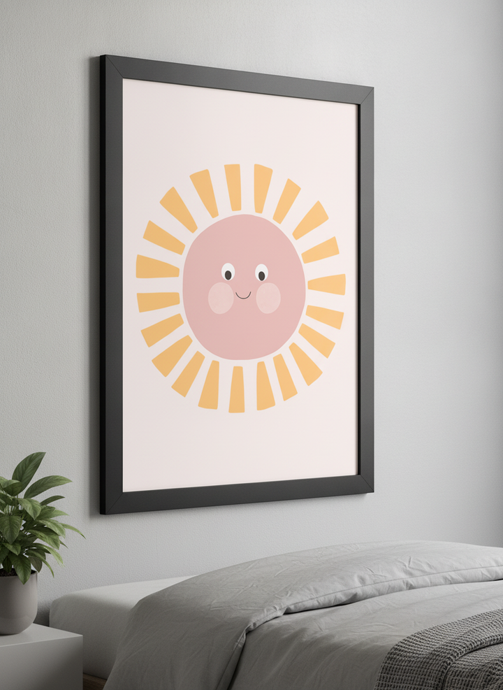 Minimalist artwork displayed in a calm, light-filled bedroom interior