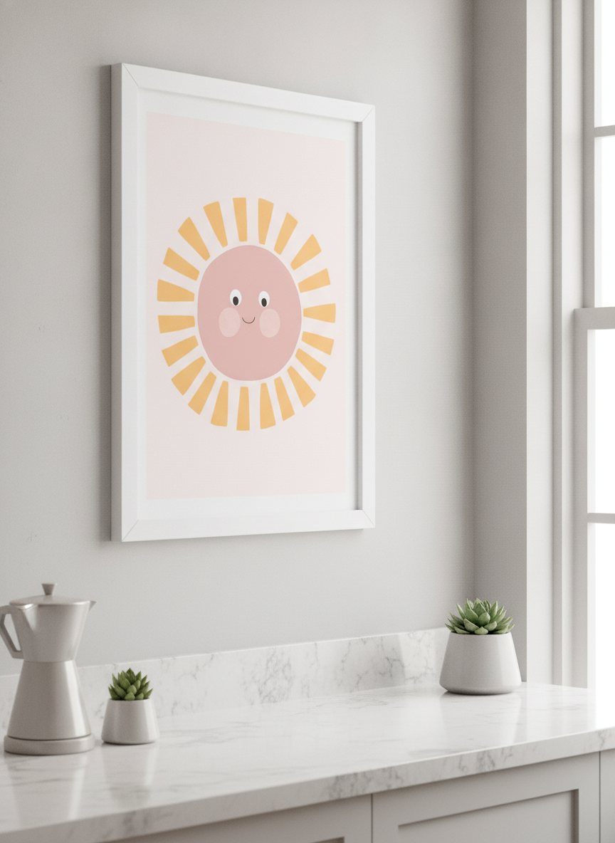 Artwork styled on the wall of a bright modern kitchen