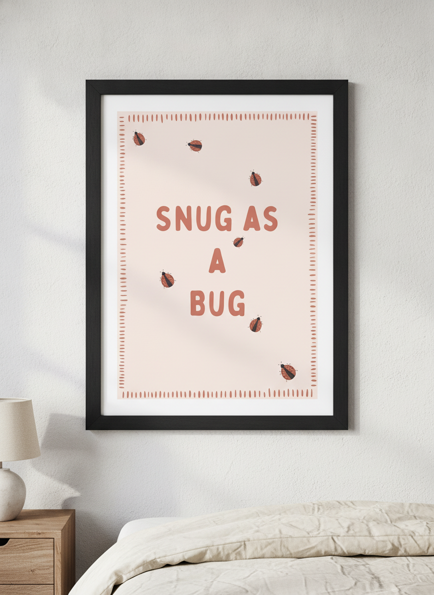 Minimalist artwork displayed in a calm, light-filled bedroom interior