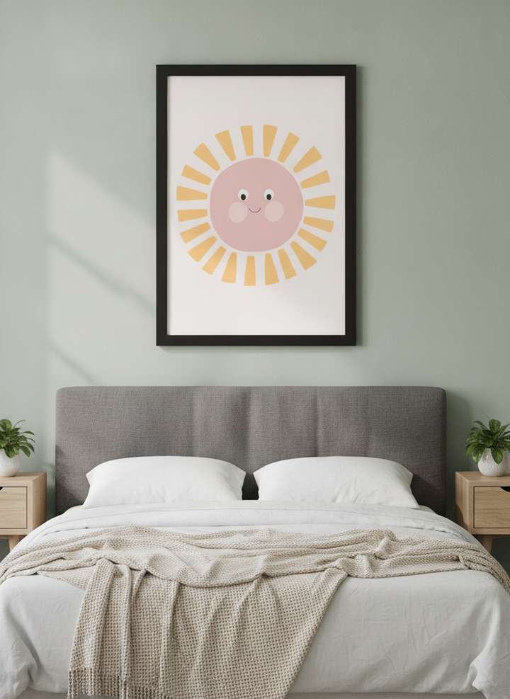 Minimalist artwork displayed in a calm, light-filled bedroom interior