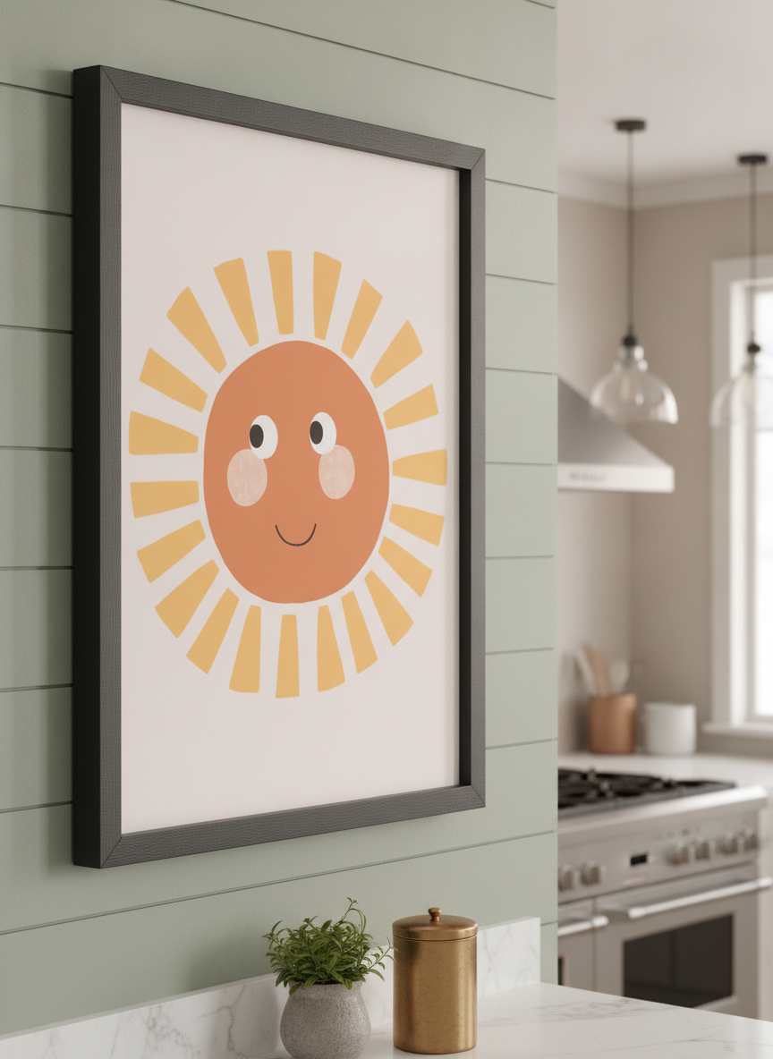 Artwork styled on the wall of a bright modern kitchen