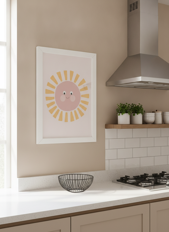 Artwork styled on the wall of a bright modern kitchen