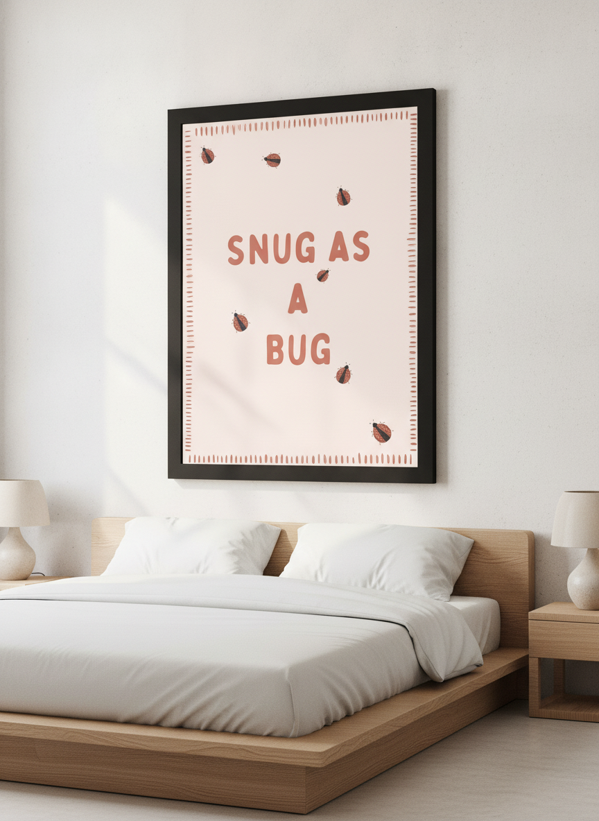 Minimalist artwork displayed in a calm, light-filled bedroom interior
