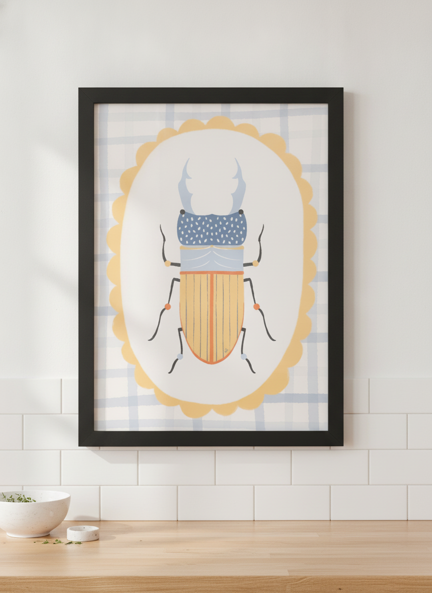 Artwork styled on the wall of a bright modern kitchen