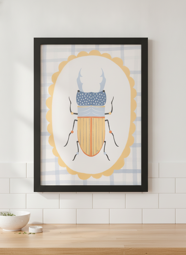 Artwork styled on the wall of a bright modern kitchen