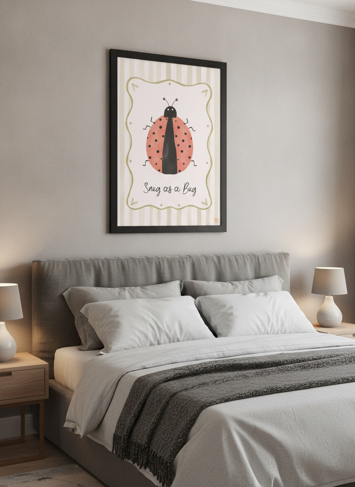 Minimalist artwork displayed in a calm, light-filled bedroom interior