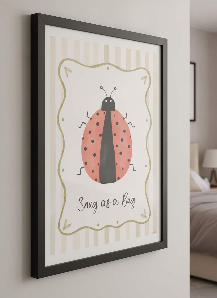 Minimalist artwork displayed in a calm, light-filled bedroom interior