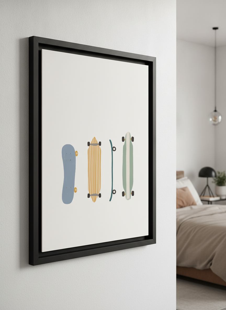 Minimalist artwork displayed in a calm, light-filled bedroom interior