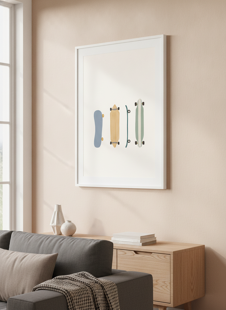 Modern wall art styled above a sofa in a neutral living room