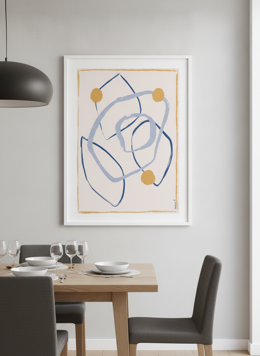 Wall art styled above a dining table in a contemporary home
